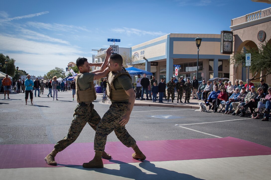 U.S. Marines with Marine Corps Air Station Yuma, conduct a Marine Corps Martial Arts Program (MCMAP) demonstration during Yuma Military Appreciation Day in Downtown Historic Yuma on Feb. 16, 2019. Military Appreciation Day is held to show the importance of the relationship between the City of Yuma and our service members and veterans. (U.S. Marine Corps photo by Sgt. Allison Lotz)