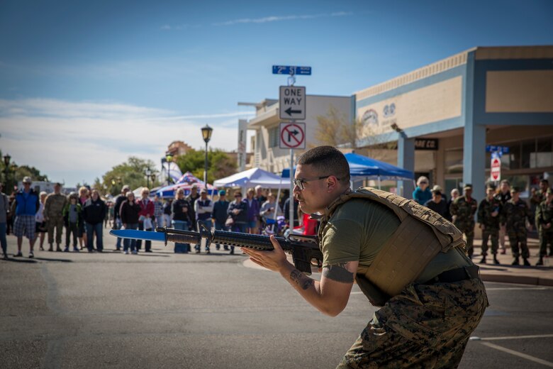 U.S. Marines with Marine Corps Air Station Yuma, conduct a Marine Corps Martial Arts Program (MCMAP) demonstration during Yuma Military Appreciation Day in Downtown Historic Yuma on Feb. 16, 2019. Military Appreciation Day is held to show the importance of the relationship between the City of Yuma and our service members and veterans. (U.S. Marine Corps photo by Sgt. Allison Lotz)