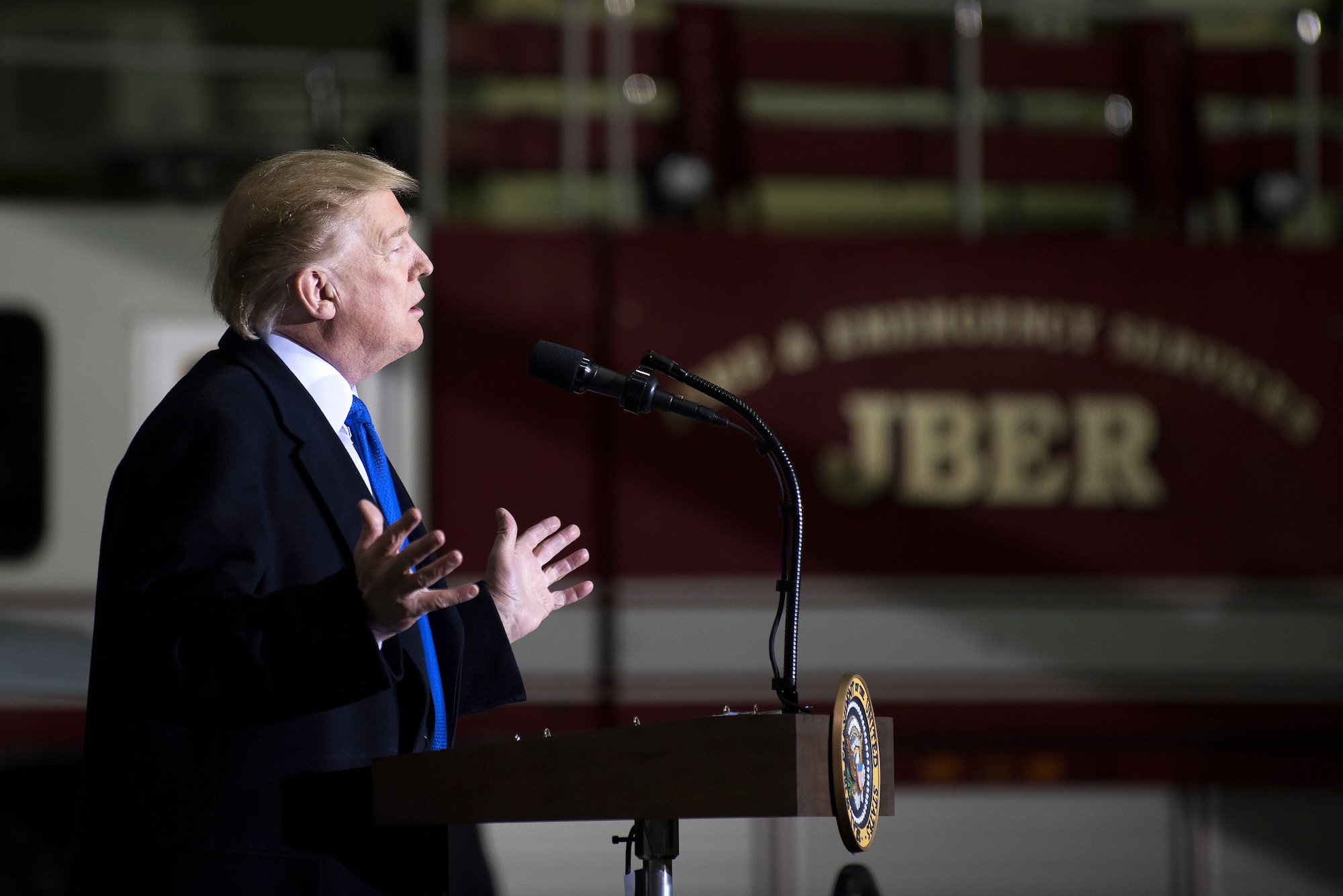 President Donald Trump speaks to service members at Joint Base Elmendorf-Richardson, Alaska, Feb. 28, 2019. The President was at the base to meet with service members after returning from a summit in Hanoi, Vietnam. (U.S. Air Force photo by Staff Sgt. Westin Warburton)