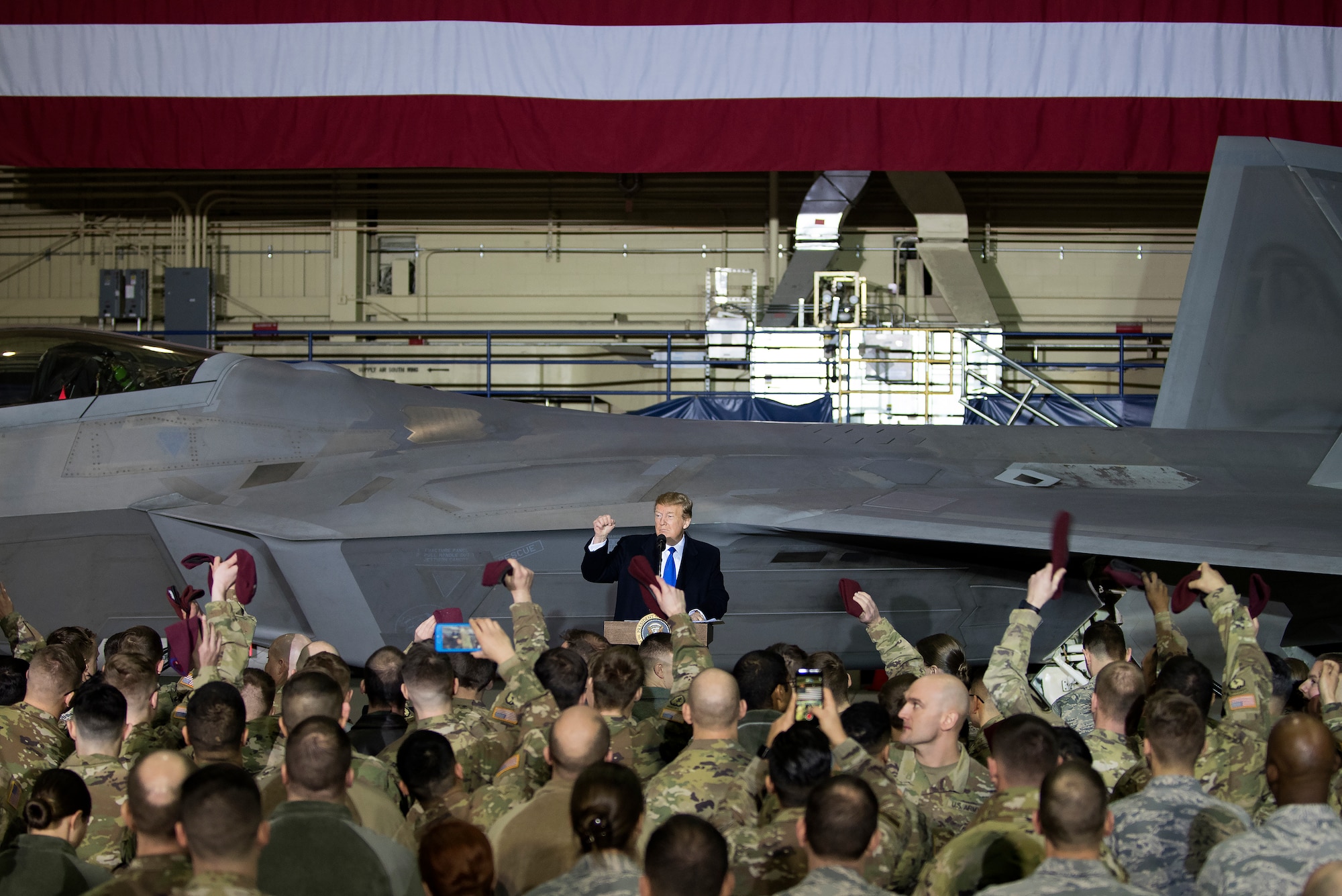 President Donald Trump speaks to service members at Joint Base Elmendorf-Richardson, Alaska, Feb. 28, 2019. The President was at the base to meet with service members after returning from a summit in Hanoi, Vietnam. (U.S. Air Force photo by Staff Sgt. Westin Warburton)