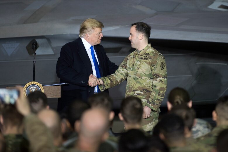 President Donald Trump speaks to service members at Joint Base Elmendorf-Richardson, Alaska, Feb. 28, 2019. The President was at the base to meet with service members after returning from a summit in Hanoi, Vietnam. (U.S. Air Force photo by Staff Sgt. Westin Warburton)