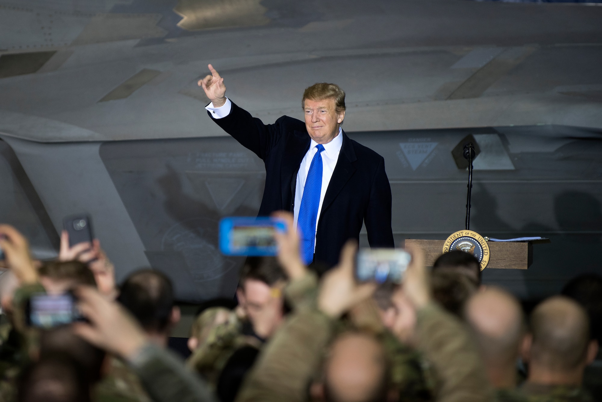 President Donald Trump speaks to service members at Joint Base Elmendorf-Richardson, Alaska, Feb. 28, 2019. The President was at the base to meet with service members after returning from a summit in Hanoi, Vietnam. (U.S. Air Force photo by Staff Sgt. Westin Warburton)