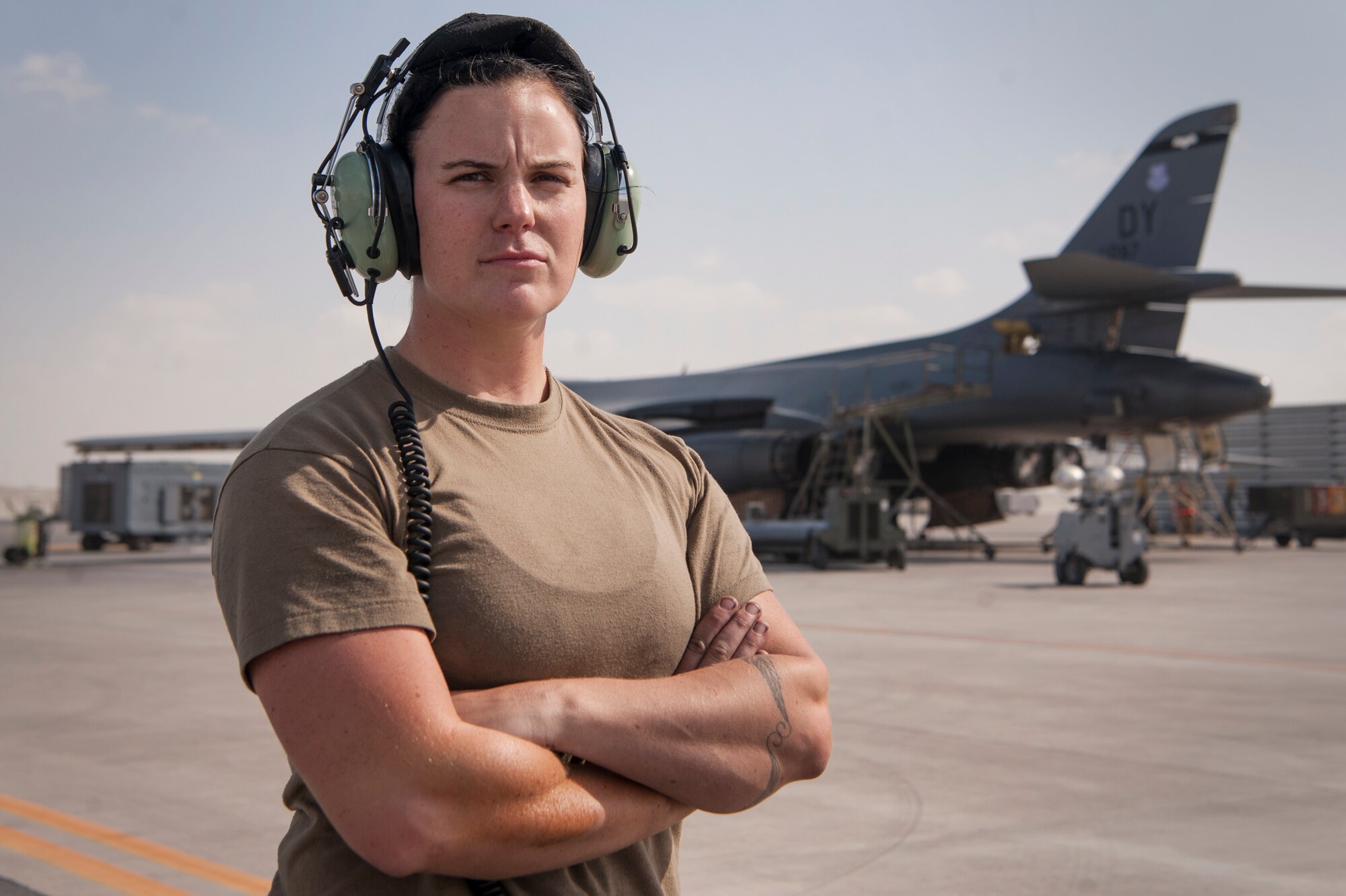 Airman 1st Class Shelby Ries, 379th Expeditionary Aircraft Maintenance Squadron (EAMXS) B-1B Lancer propulsion apprentice, stands in front of a B-1B Lancer Dec. 22, 2018, at Al Udeid Air Base, Qatar. Due to Ries’s exceptional performance she was selected to deploy to Al Udeid as an area of responsibility (AOR) advanced echelon (ADVON) team member. Ries led two engine changes and more than 90 maintenance actions which resulted in 56 B-1B sorties, totaling 672 flying hours. (U.S. Air Force photo by Tech. Sgt. Christopher Hubenthal)