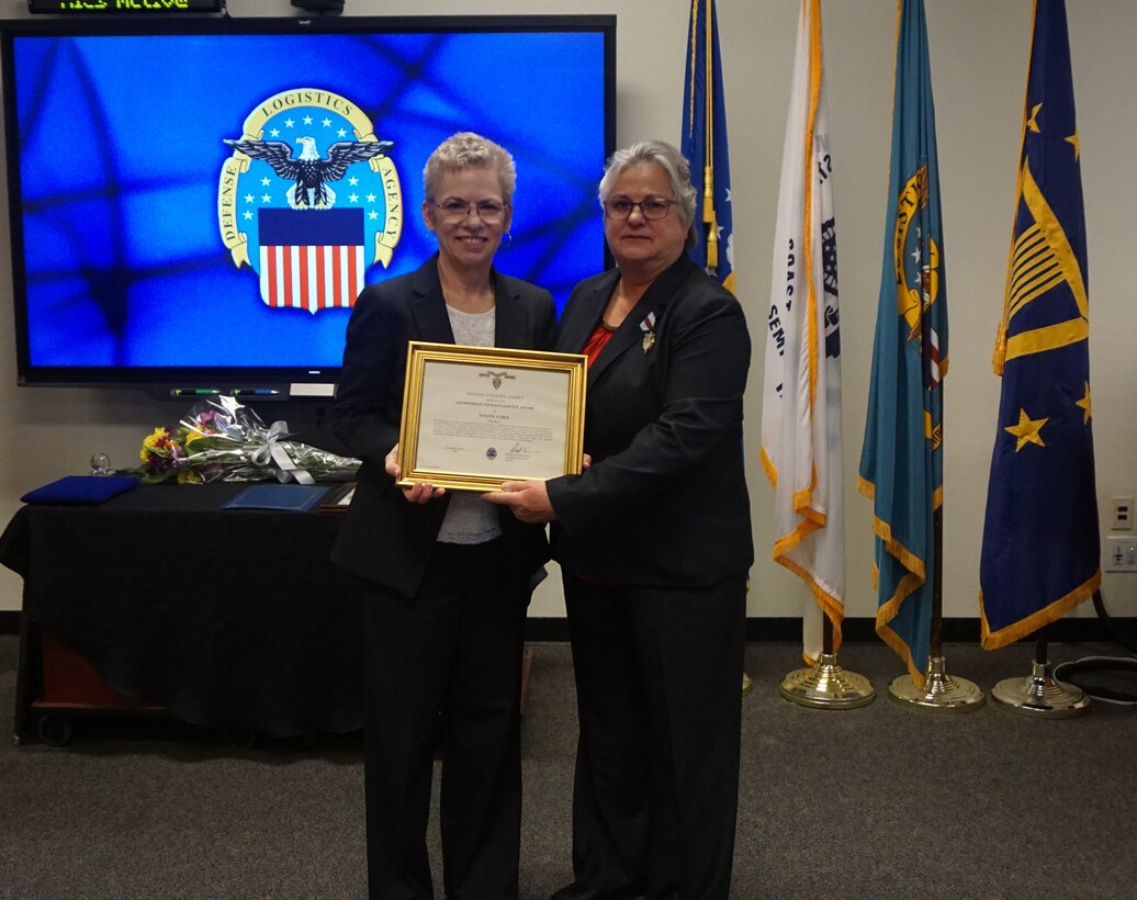 Susan Earle, DLA Distribution San Joaquin deputy commander received the DLA Exceptional Civilian Service Award during her retirement ceremony Dec. 7.