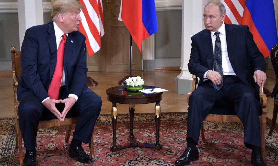 In the Gothic Hall of the Presidential Palace in Helsinki, Finland, President Donald Trump met with President Vladimir Putin on July 16, 2018, to start the U.S.-Russia summit. (President of Russia Web site/Kremlin.ru)