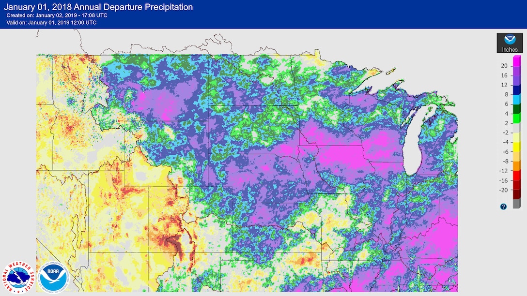 For Yankton and Sioux Falls, South Dakota, 2018 is the wettest year on record. The Big Sioux, Elkhorn, Floyd, James, and Niobrara rivers and the Missouri River downstream from Gavins Point Dam -- where flows are unregulated by dams -- saw annual precipitation 8 to 20 inches above normal. Image Courtesy National Weather Service water.weather.gov.