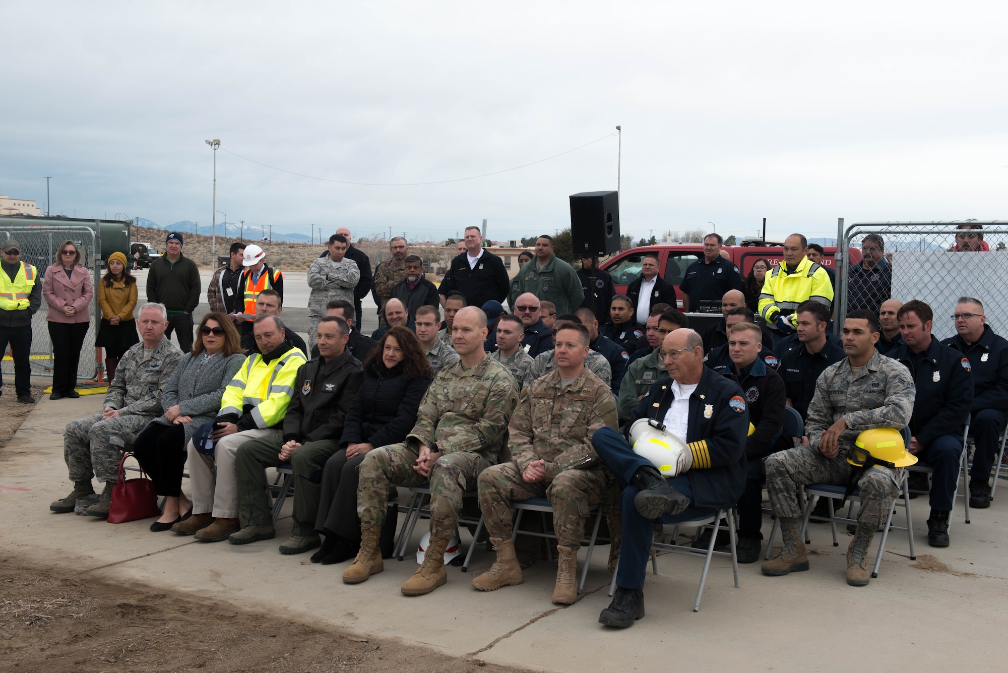 Base leadership joined members of the 412th Civil Engineer Group and its firefighters, along with representatives from the U.S. Army Corps of Engineers and Defense Logistics Agency, to break ground on a new fire station on the flightline Dec. 14, 2018. (U.S. Air Force photo by Joe Jones)