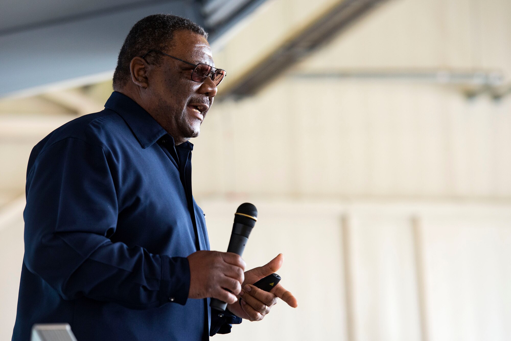 Tim Wells, 23d Operations Support Squadron airspace manager, briefs Team Moody Airmen during a flight safety meeting, Jan. 2, 2019, at Moody Air Force Base, Ga. Team Moody started the New Year with a clean slate by picking up debris off the flightline this morning, ensuring a safe runway for training and deploying warriors throughout the year. We also had the honor of hearing guest speaker Bernie McGrenahan, a comedian with a powerful training and prevention-based session at the end of his show. Thank you to the Wing Safety Office for putting this day together and starting the year off right! (U.S. Air Force photo by Airman 1st Class Erick Requadt)