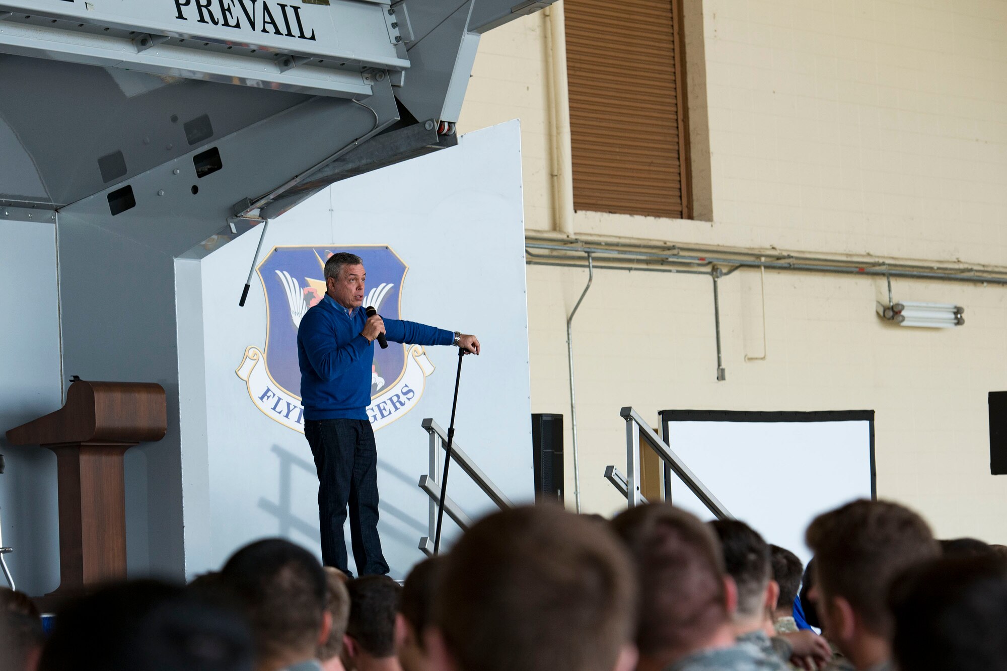 Bernie McGrenahan, comedian, talks to Airmen during a safety briefing, Jan. 2, 2019, at Moody Air Force Base, Ga. Team Moody started the New Year with a clean slate by picking up debris off the flightline this morning, ensuring a safe runway for training and deploying warriors throughout the year. We also had the honor of hearing guest speaker Bernie McGrenahan, a comedian with a powerful training and prevention-based session at the end of his show. Thank you to the Wing Safety Office for putting this day together and starting the year off right! (U.S. Air Force photo by Airman 1st Class Erick Requadt)