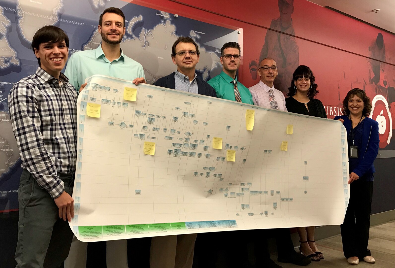Team members from DLA Troop Support Subsistence and Continuous Process Improvement Offices hold the process map created for the UGR-A process improvement project Sept. 19, 2018 in Philadelphia, Pennsylvania.