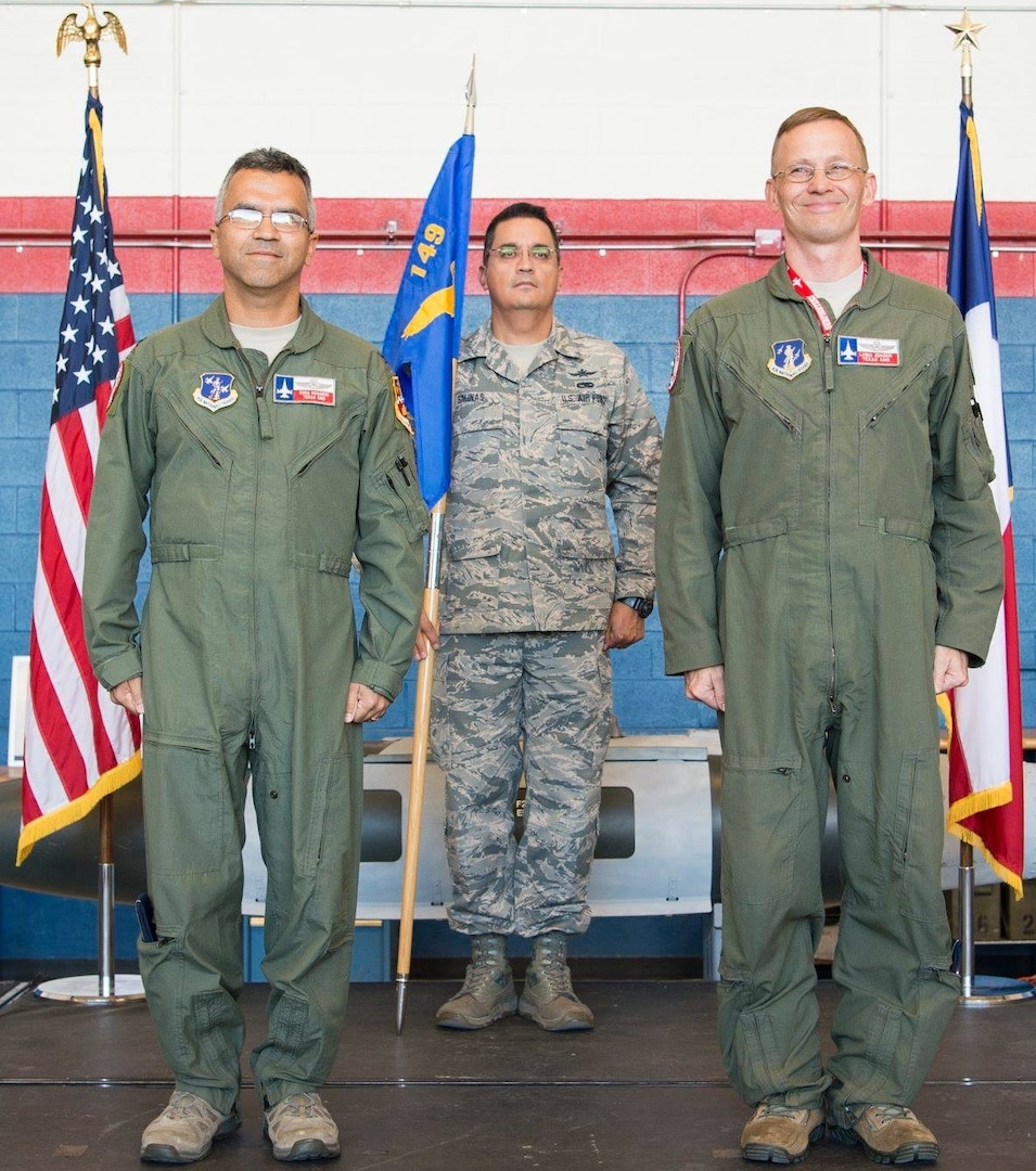 Col. Matthew Jensen (right), an F-16 pilot assigned to the 149th Fighter Wing, assumed command of the 149th Operations Group at Joint Base San Antonio-Lackland Dec. 13, 2018. Col. Raul Rosario (left), 149th Fighter Wing commander, presided over the ceremony.