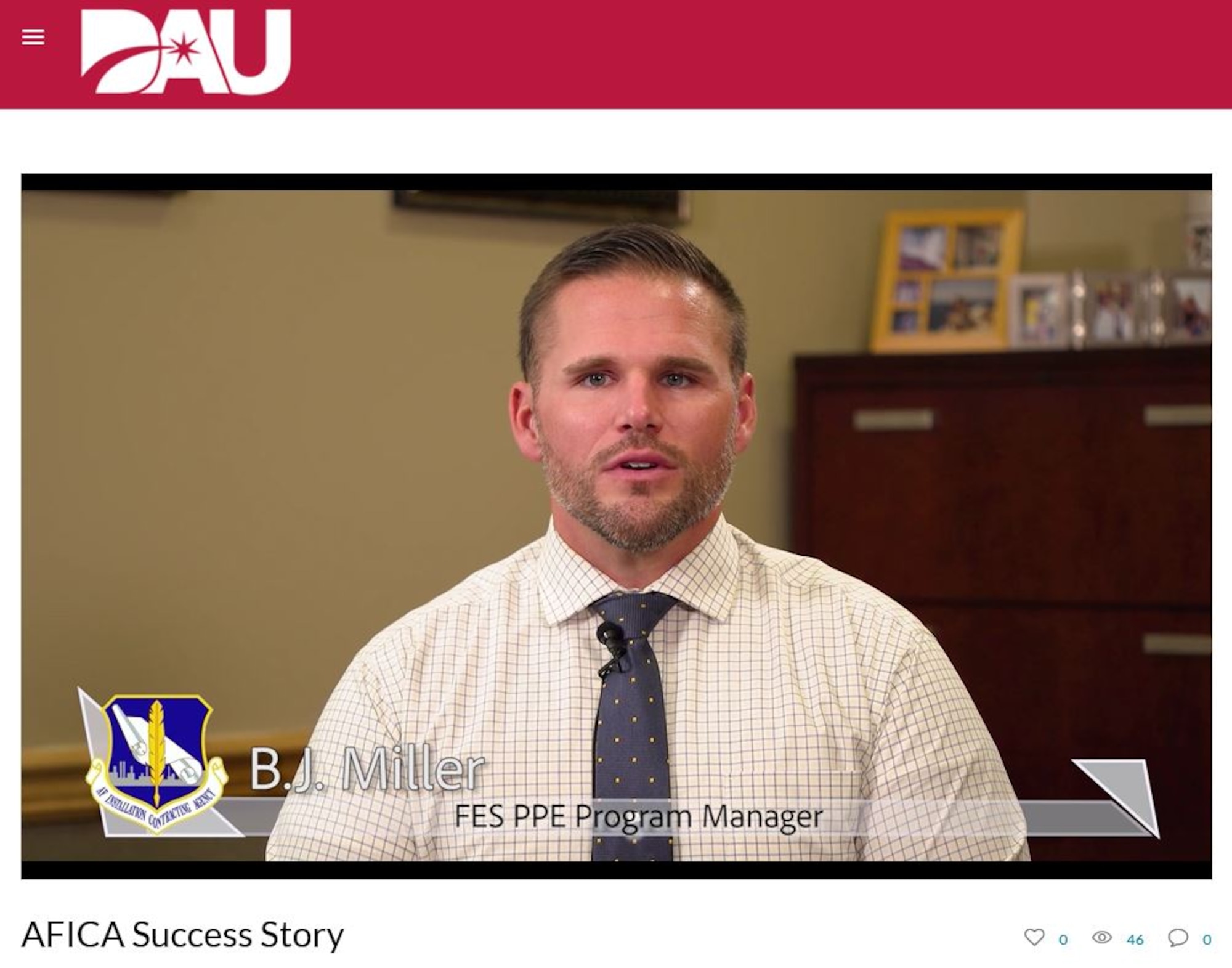 Air Force Installation and Contract Agency's B.J. Miller, fire and emergency service personal protective equipment manager, recently took part in a Defense Acquisition University library video to explain enterprise sourcing methodology. Miller was instrumental in delivering standardized equipment, enhanced firefighter safety, streamlined acquisition processes and significant cost savings to the Air Force fire emergency services community. (Screen capture by U.S. Air Force)