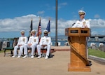 PEARL HARBOR (Sep. 07, 2018) - Cmdr. Christopher Lindberg addresses guests during the change of command ceremony of the Naval Submarine Support Command Pearl Harbor at the USS Bowfin Submarine Museum and Park in Pearl Harbor, Hawaii, Sep. 07.