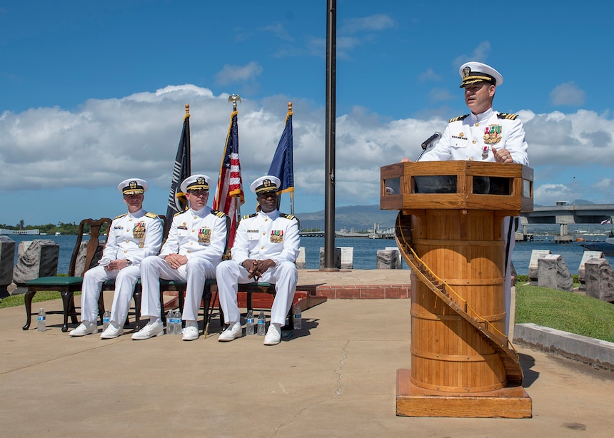 PEARL HARBOR (Sep. 07, 2018) - Cmdr. Christopher Lindberg addresses guests during the change of command ceremony of the Naval Submarine Support Command Pearl Harbor at the USS Bowfin Submarine Museum and Park in Pearl Harbor, Hawaii, Sep. 07.