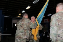 The Soldiers of the 100th Missile Defense Brigade (Ground-based Midcourse Defense) welcome new commander, Col. Chris M. Williams, during a change of command ceremony at Peterson Air Force Base in Colorado Springs Dec. 7, 2018. Col Kevin R. Kick relinquished command of the nation's only missile defense brigade after more than two years in command. (U.S. Army National Guard photo by Staff Sgt. Zachary Sheely)