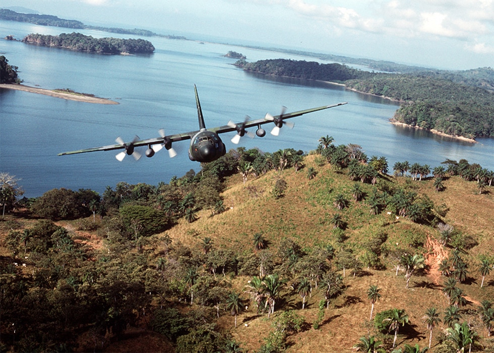 A U.S. Air Force C-130 Hercules transport aircraft takes off from a landing strip in Panama during Operation JUST CAUSE (U.S. Air Force photo by Master Sgt. Ken Hammond)