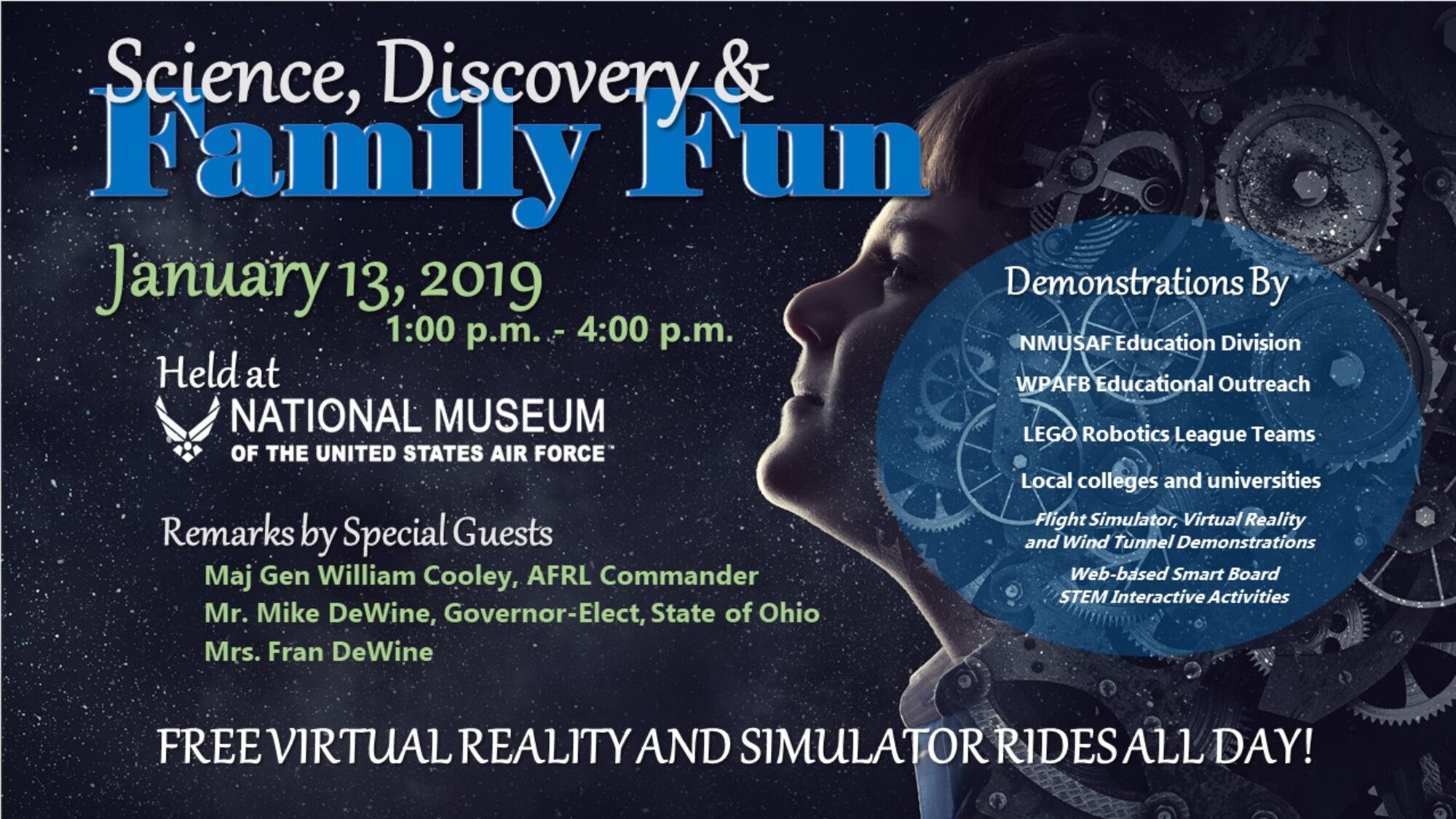 The U.S. Air Force will host a Science, Discovery and Family Fun event at the National Museum of the U.S. Air Force on Sunday, Jan. 13, from 1 – 4 p.m.