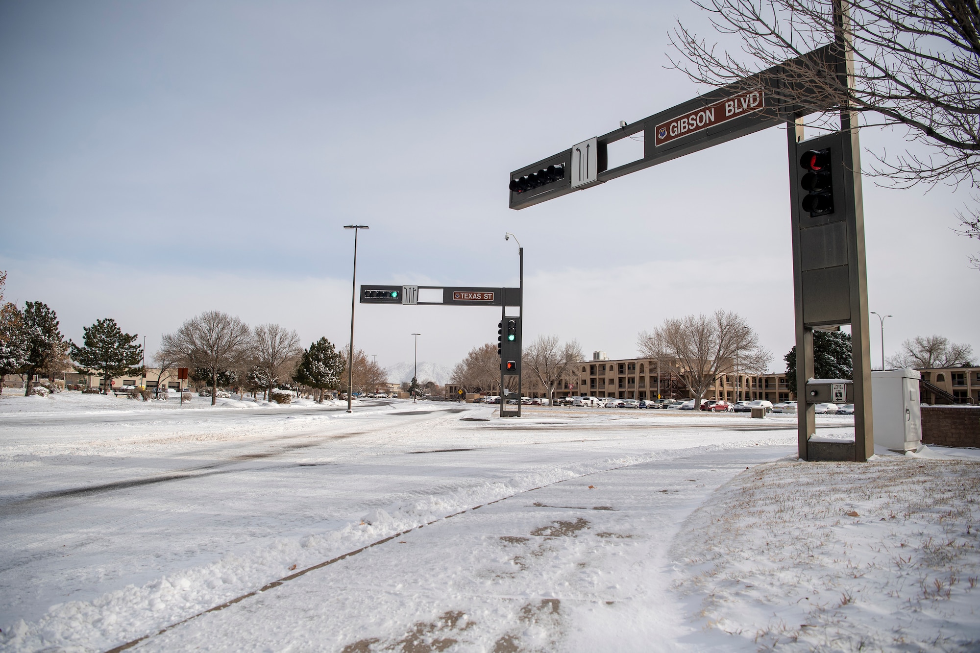 A view of the intersection of Gibson and Texas covered in snow after a winter blizzard hit Dec. 27, 2018. A blizzard blanketed the Albuquerque area and prompted closure of Kirtland Air Force Base to non-mission essential personnel on Dec. 27, and 28, 2018.