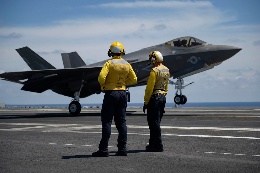 F-35 landing on an aircraft carrier.