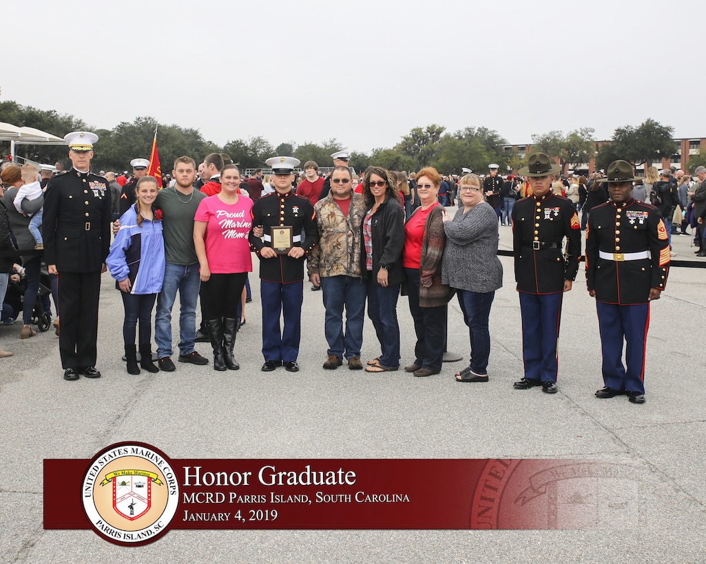 Pfc. Jacob S. Wesson graduated from Marine recruit training today as the platoon honor graduate of Platoon 1000, Company C, 2nd Battalion, Recruit Training Regiment, for placing first of 79 recruits.