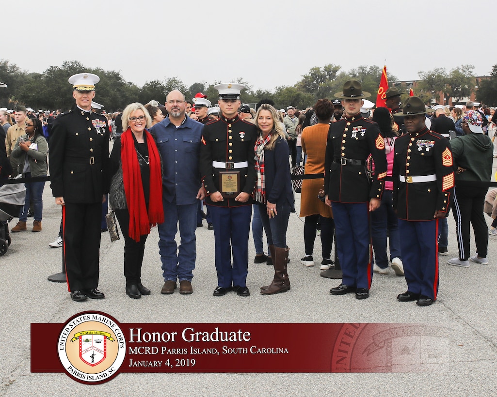 Pfc. Cody C. Parr graduated from Marine recruit training today as the platoon honor graduate of Platoon 1002, Company C, 2nd Battalion, Recruit Training Regiment, for placing first of 79 recruits.