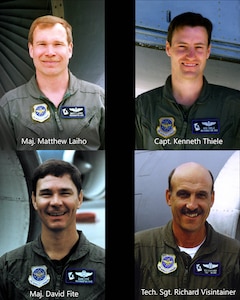 Left to Right: Maj. Matthew Laiho, Capt. Kenneth Thiele, Maj. David Fite, and Tech. Sgt. Richard Visintainer. The crew of ESSO 77, who lost their lives when their KC-135 Stratotanker crashed Jan. 13, 1999 near Geilenkirchen NATO Air Base in Geilenkirchen, Germany. (U.S. Air National Guard photo illustration by Staff Sgt. Rose M. Lust)