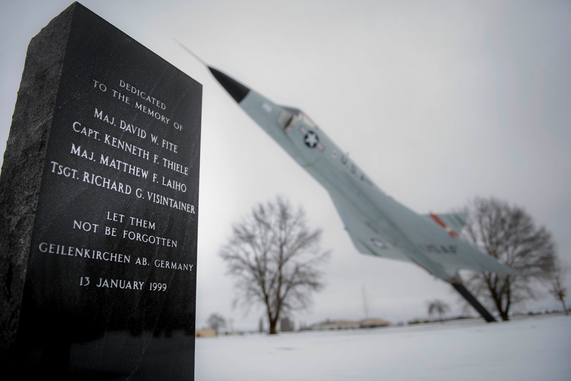 A memorial at Fairchild Air Force Base, Wash. honors the crew of a KC-135 Stratotanker crash that took place near Geilenkirchen Air Base, Germany. The memorial was erected for "ESSO 77" crew members: Maj. David Fite, Maj. Matthew Laiho, Capt. Kenneth Thiele and Tech. Sgt. Richard Visintainer who perished in the crash Jan. 13, 1999.(U.S. Air National Guard photo by Master Sgt. Michael Stewart)