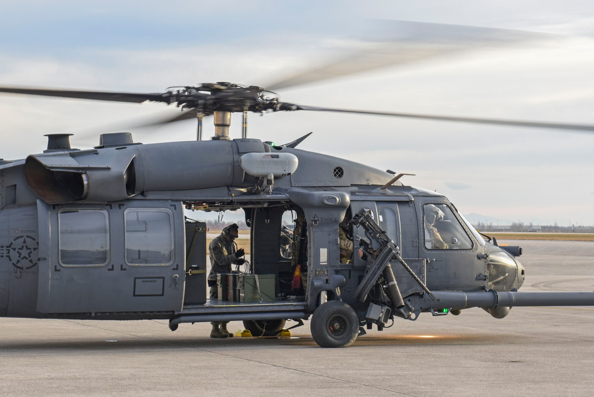 Airmen with the 56th Rescue Squadron prepare HH-60G Pave Hawk helicopters fore takeoff at Aviano Air Base, Italy, Dec. 17, 2018. The 56th Rescue Squadron provides a rapidly-deployable, worldwide combat rescue and reaction force response utilizing HH-60G Pave Hawk helicopters.