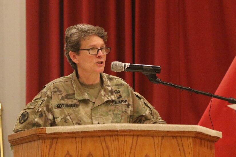 Brig. Gen. Deborah Kotulich, 143d Sustainment Command, speaks during the transfer of authority between the 143d and the 184th Sustainment Commands at Camp Arifjan, Kuwait, Jan. 2, 2019.