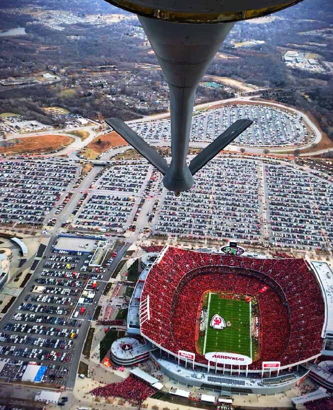 A KC-135 Stratotanker performs a flyover prior to the Kansas City Chiefs game Dec. 30, 2018, at Arrowhead Stadium.