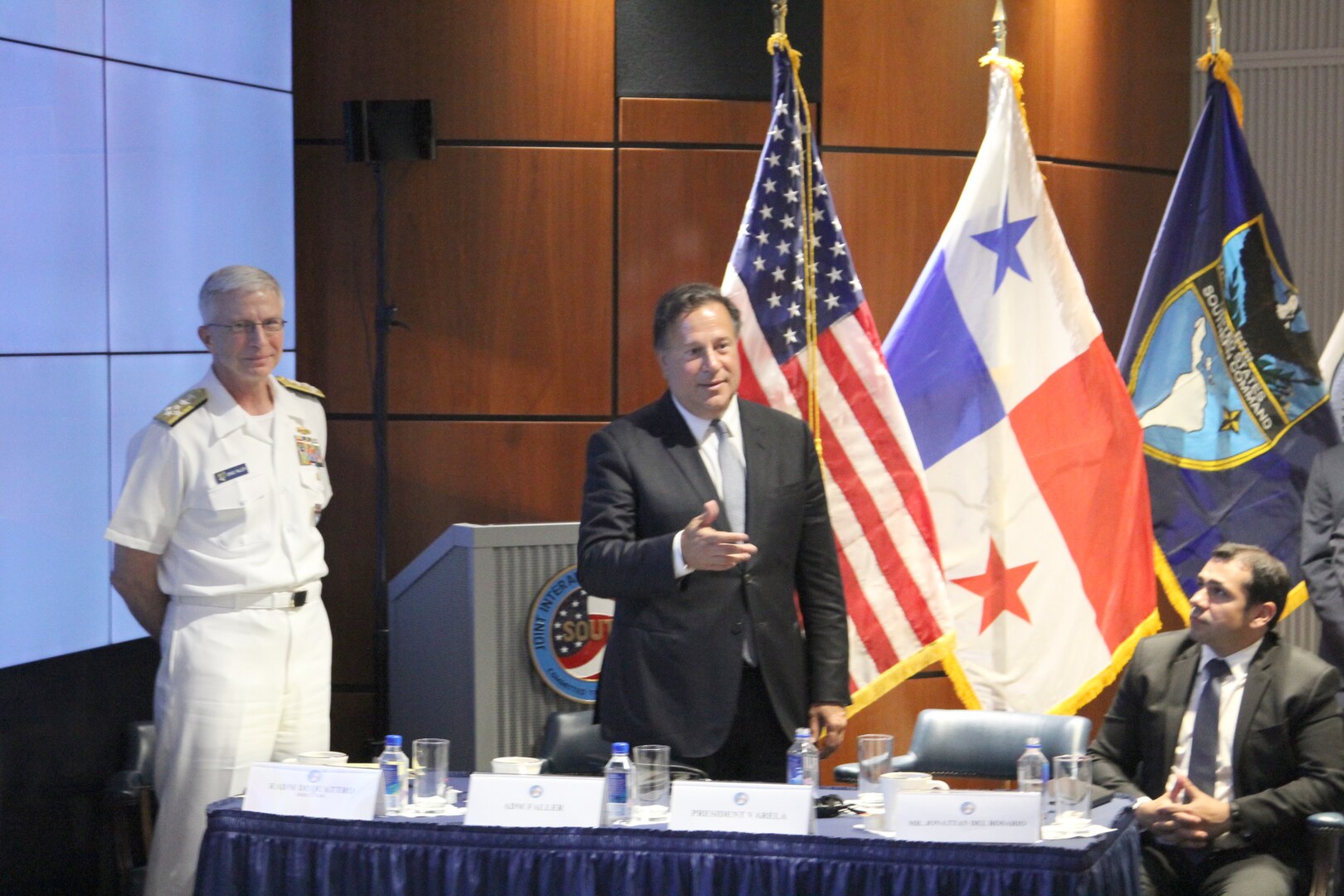 Panamanian President Juan Carlos Varela speaks during his visit to JIATF South. This visit was hosted by Navy Adm. Craig Faller, Commander of U.S. Southern Command, and Coast Guard Rear Adm. Pat DeQuattro, JIATF South Director.
