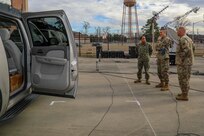 Army Command Sgt. Maj. Paul Biggs, Senior Enlisted Leader for Futures and Concepts Center, a subordinate organization of Army Futures Command in Austin, TX., is briefed by Navy Information Systems Technician First Class Albert Givens, a Deployable Communications SATCOM Technician at Joint Task Force Civil Support (JTF-CS) on the command’s command and control vehicle during a visit to JTF-CS. Futures and Concepts Center is located at Army Training and Doctrine Command, also headquartered at Fort Eustis and adjacent to JTF-CS. The visit was held to foster friendship and teamwork between the military neighbors. (Official DoD photo by Navy Petty Officer Third Class Michael Redd/released)