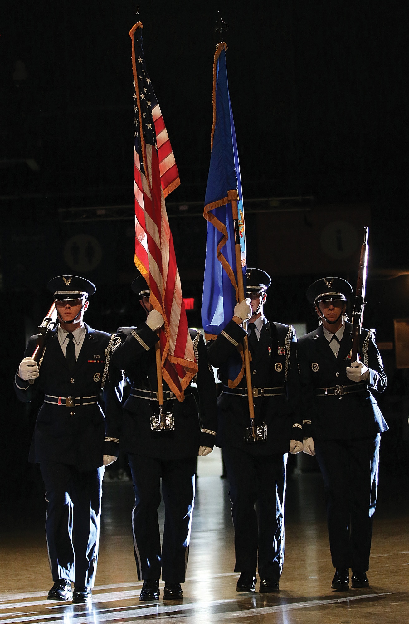 The 445th Honor Guard posts the Colors at the 445th Airlift Wing’s annual awards banquet April 7, 2018.