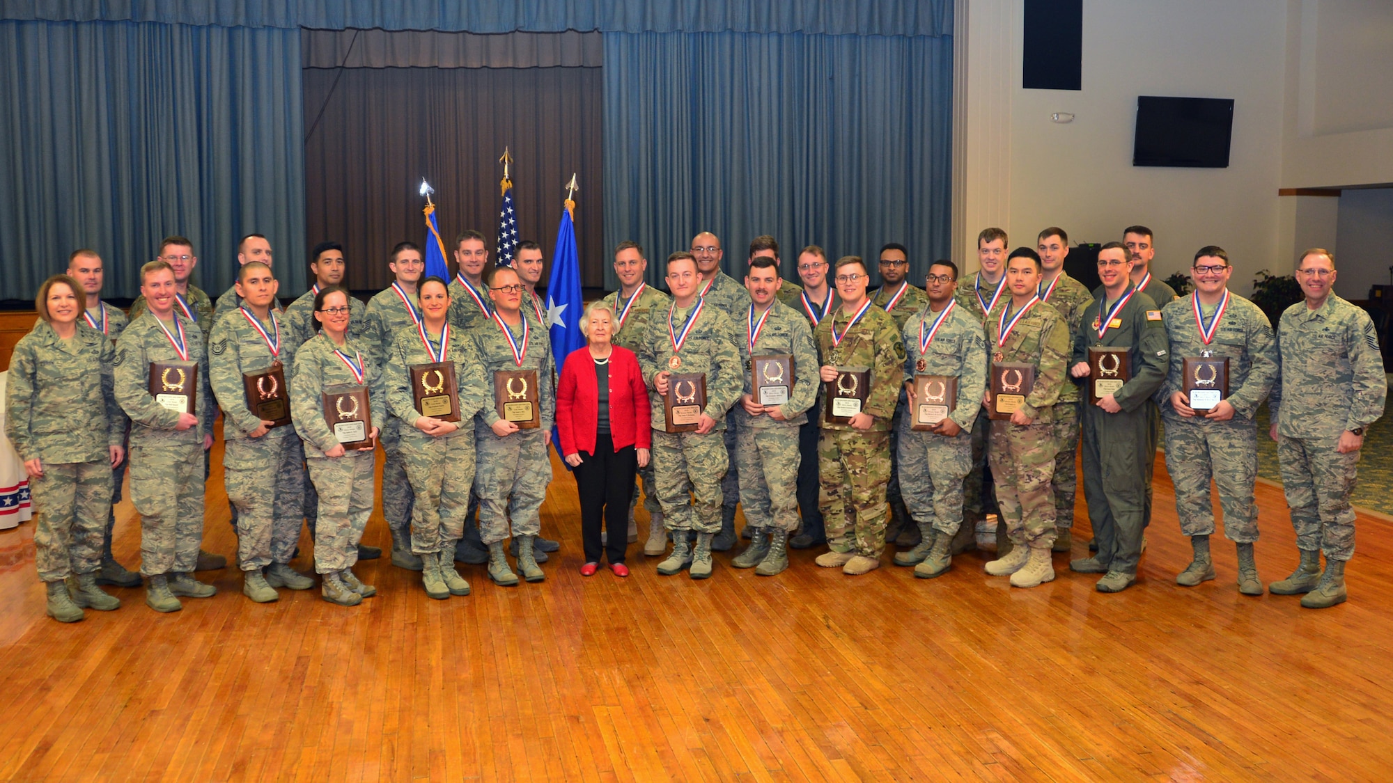Mrs. Doyle E. Larson joins the recognition of Twenty-Fifth Air Force’s Maj. Gen. Doyle E. Larson Awards finalists. Maj. Gen. Mary O’Brien, Twenty-Fifth Air Force commander, and Chief Master Sgt. Stanley Cadell, Twenty-Fifth Air Force command chief presented the awards at Joint Base San Antonio-Lackland, Texas, Dec. 6, 2018.