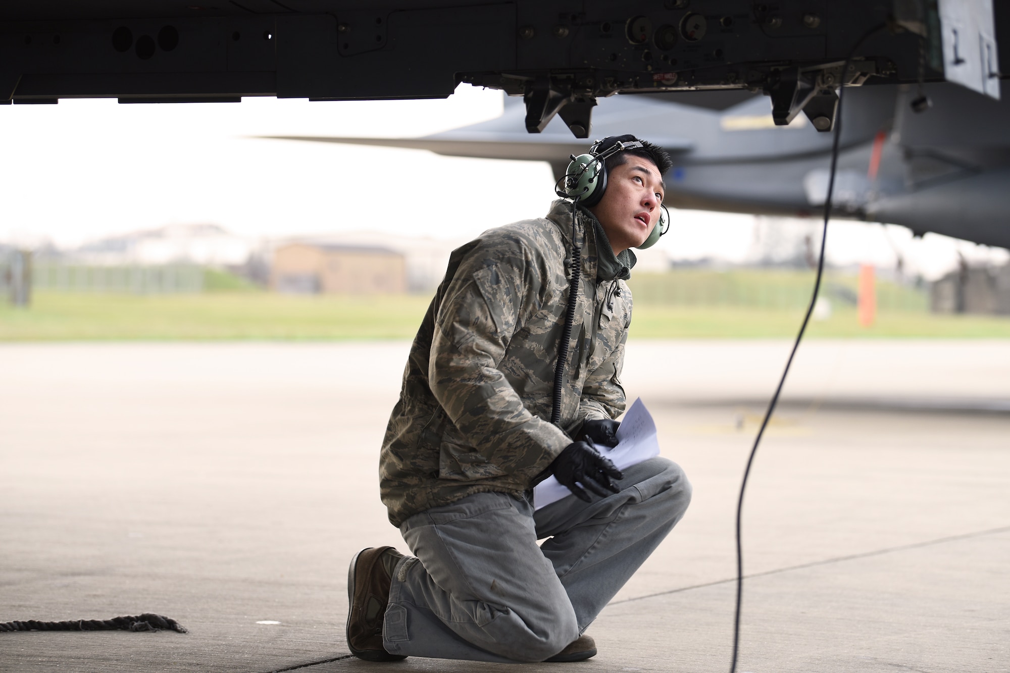 A 492nd Aircraft Maintenance Unit Airman conducts an operations functional check on an F-15E Strike Eagle at Royal Air Force Lakenheath, England, Jan. 7, 2019. The aircraft maintainers conduct frequent functional checks to keep the multi-million dollar aircraft is tip-top shape. (U.S. Air Force photo by Airman 1st Class Shanice Williams-Jones)