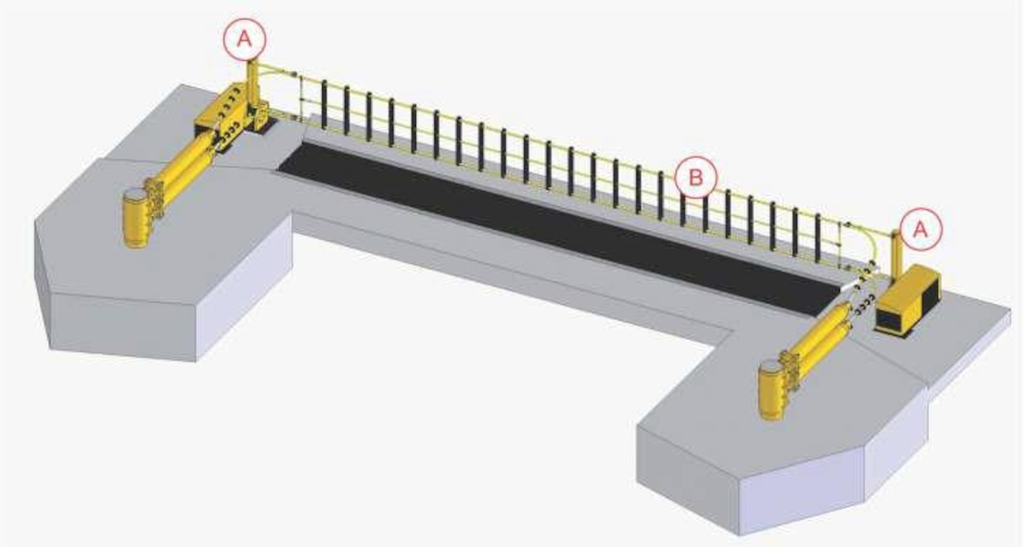 This drawing depicts the new barrier system to be constructed at the Main Gate of Arnold Air Force Base. The project, which was awarded to Bacik Group, LLC, for $2.3 million, is set to begin this month. A major portion of the project will involve the installation of security barriers and fencing. FutureNet is the manufacturer of the Net Barrier System. (Courtesy graphic)