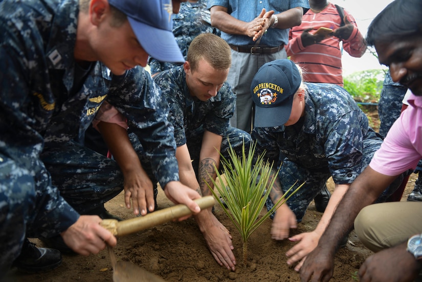 Sailors plant a tree with students.
