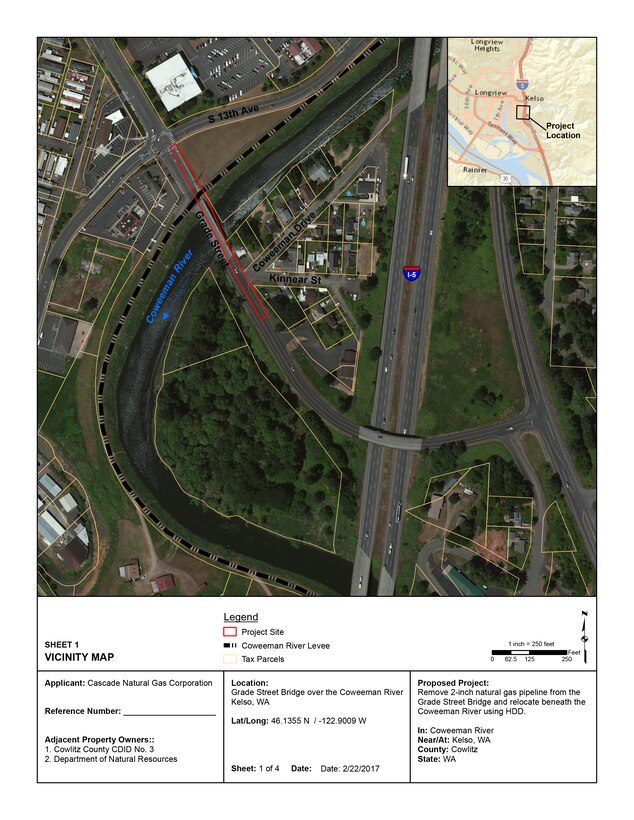 Vicinity map of Grade Street Bridge over the Coweeman River
Kelso, WA, where Cascade Natural Gas would like to Remove 2-inch natural gas pipeline from the Grade Street Bridge and relocate beneath the Coweeman River using HDD.