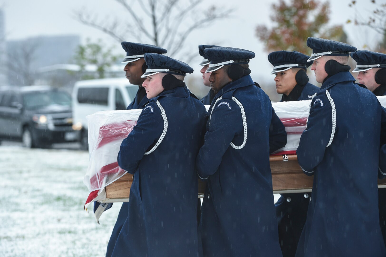 The U.S. Air Force casket team carries the casket of the late Chief Master Sgt. Therese Henrion, Nov. 15, 2018, at Arlington National Cemetery. Henrion was interred with full military honors.