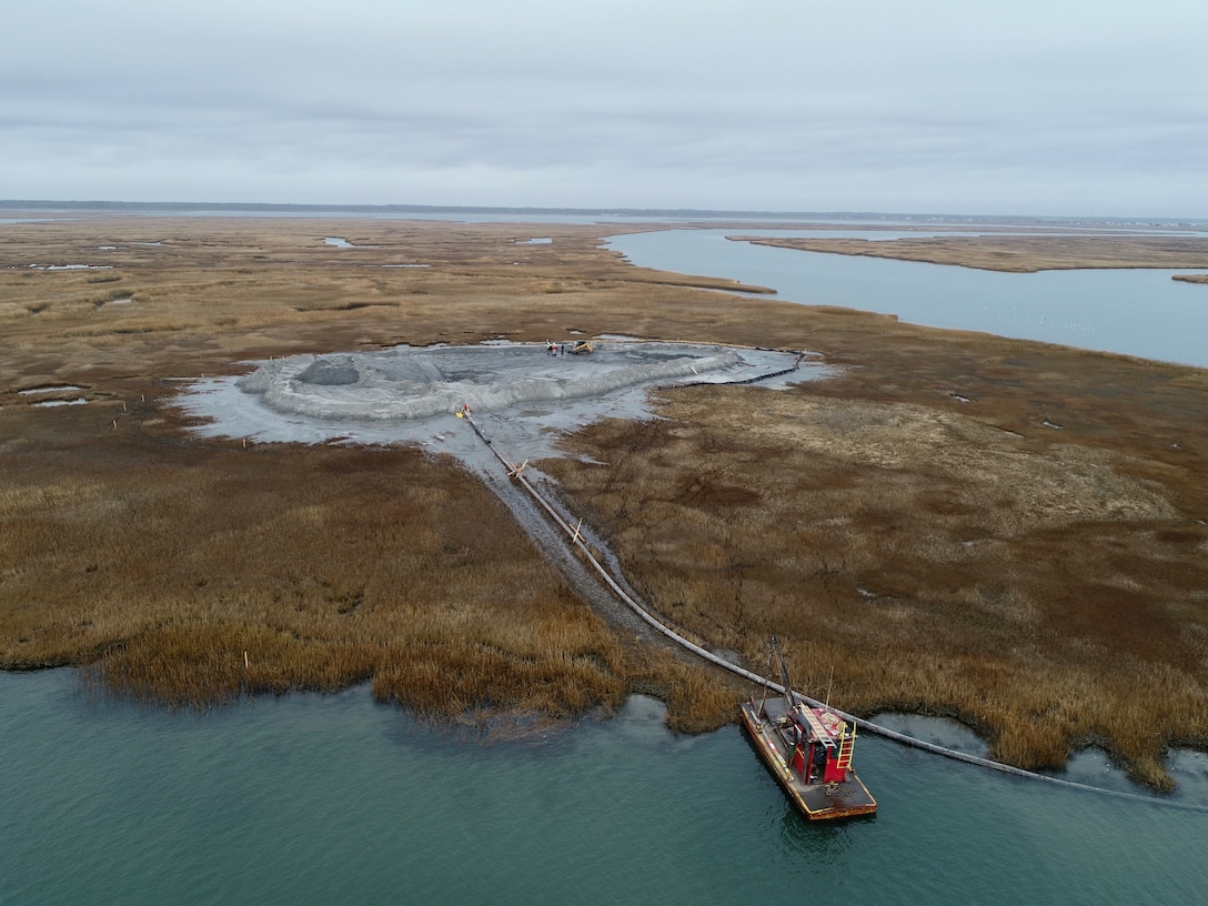 The U.S. Army Corps of Engineers and its contractor Barnegat Bay Dredging Company completed a dredging and marsh restoration project near Stone Harbor, N.J in December of 2018. Work involved dredging sediment from the channel of the New Jersey Intracoastal Waterway and beneficially using the material to create habitat on marshland owned by the New Jersey Division of Fish & Wildlife.