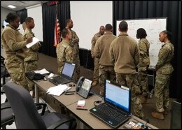 FORT KNOX, Ky. Soldiers from the Casualty Operations Division from the 14th Human Resources Sustainment Center (HRSC) reviews the casualty reporting flow. The 14th Human Resources Sustainment Center conducted a staff exchange (STAFFEX) at the Fort Knox Mission Control Training Center (MCTC) Dec 10-14.