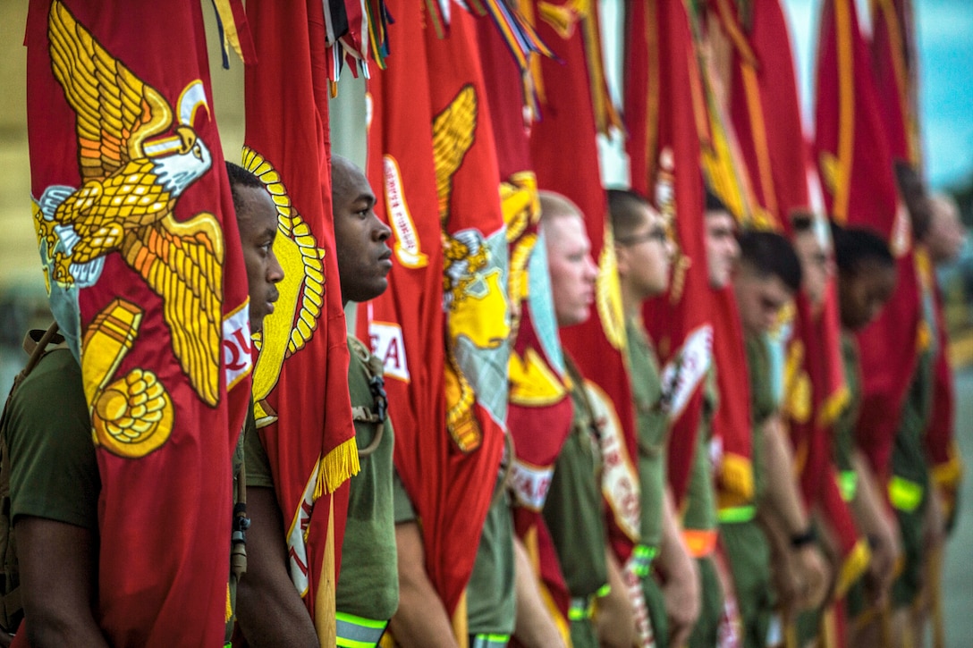 Marines stand in formation.