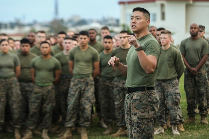 Capt. Anthony D. Suh speaks to the Marines and Sailors of Combat Logistics Regiment 3, 3rd Marine Logistics Group, before the commencement of Back in the Saddle (BITS) training Jan. 4, 2019 at Camp Foster, Okinawa, Japan. CLR-3 conducted the BITS training in order to maintain personnel readiness and keep Marines and Sailors prepared to deploy at a moment’s notice. Suh, a native of Aliso Viejo, California, is the current operations officer for CLR-3, 3rd MLG. (U.S. Marine Corps photo by Lance Cpl. Armando Elizalde)