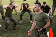 Capt. Kristopher Ulbrich leads a period of instruction on motor vehicle safety for Marines and Sailors of Combat Logistics Regiment 3, 3rd Marine Logistics Group, during Back in the Saddle (BITS) training Jan. 4, 2019 at Camp Foster, Okinawa, Japan. CLR-3 integrated physical training with BITS training in order to create an interactive learning experience. Ulbrich, a native of Atlanta, Georgia, is the S-4 officer-in-charge with Headquarters Company, CLR-3, 3rd MLG. (U.S. Marine Corps photo by Lance Cpl. Armando Elizalde)