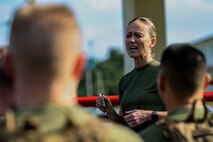 Col. Maura M. Hennigan addresses the Marines and Sailors of Combat Logistics Regiment 3, 3rd Marine Logistics Group, at the conclusion of Back in the Saddle (BITS) training Jan. 4, 2019 at Camp Foster, Okinawa, Japan. CLR-3 conducted the BITS training in order to maintain personnel readiness and keep Marines and Sailors prepared to deploy at a moment’s notice. Hennigan, a native of Sayville, New York, is the commanding officer of CLR-3, 3rd MLG. (U.S. Marine Corps photo by Lance Cpl. Armando Elizalde)