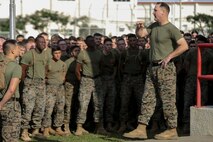 Sgt. Maj. Daniel J. Warren speaks to the Marines and Sailors of Combat Logistics Regiment 3, 3rd Marine Logistics Group, at the conclusion of Back in the Saddle (BITS) training Jan. 4, 2019 at Camp Foster, Okinawa, Japan. CLR-3 conducted the BITS training in order to maintain personnel readiness and keep Marines and Sailors prepared to deploy at a moment’s notice. Warren, a native of Moyock, North Carolina, is the sergeant major of CLR-3, 3rd MLG. (U.S. Marine Corps photo by Lance Cpl. Armando Elizalde)