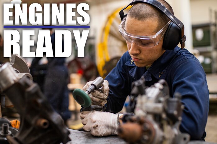 Lance Cpl. Alexander Garcia strips rust from engine parts Jan. 8, 2019, at Camp Kinser, Okinawa, Japan. Marines with Component Repair Platoon, General Support Maintenance Company, 3rd Maintenance Battalion, Combat Logistics Regiment 35, 3rd Marine Logistics Group, clean, rebuild and repair parts of motor vehicles to ensure that they are serviceable. Garcia, a native of Las Vegas, Nevada, is a motor transportation mechanic with CRP, GSM Co., 3rd Maint. Bn., CLR-35, 3rd MLG. (U.S. Marine Corps photo by Lance Cpl. Terry Wong)