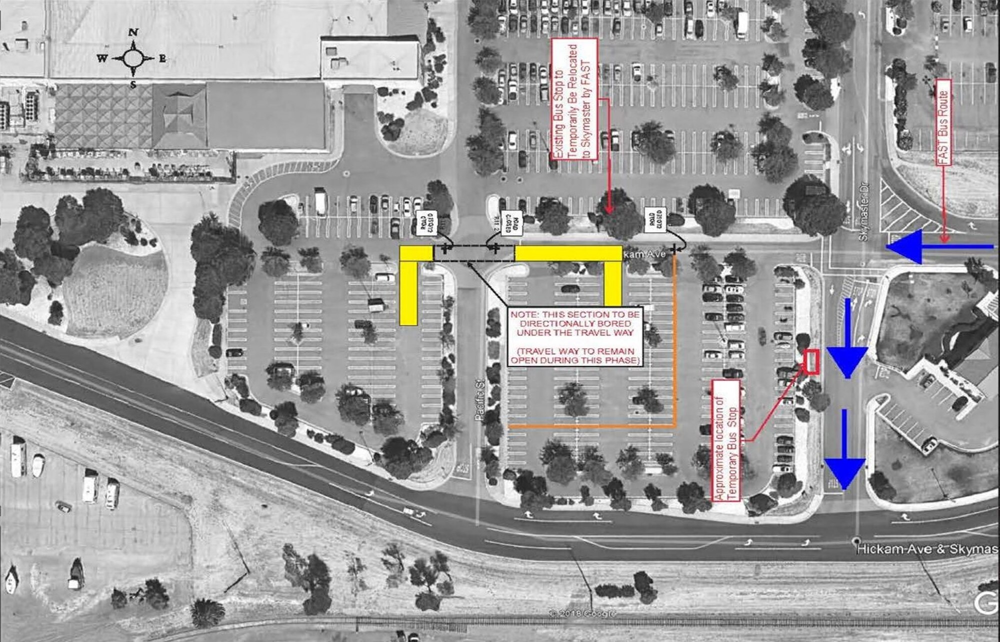 Continuing through Jan. 31, 2019, the south end of base exchange parking lot will be impacted by construction for underground utilities to support the Temporary Pharmacy.  The used car lot will still be accessible from Skymaster Drive.  The bus stop on the stretch affected is temporarily moved to Skymaster Drive as indicated on the diagram.   Work hours will be from 8 a.m. to 6 p.m.   For questions please contact:  Violetta Kaufman at 707-424-0897.