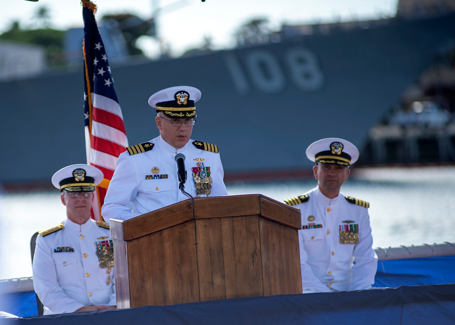 PEARL HARBOR (Jan. 08, 2019) - Capt. Richard Seif addresses guests during a change of command ceremony for Commander, Submarine Squadron One, on the submarine piers in Joint Base Pearl Harbor-Hickam, Jan. 08. (U.S. Navy photo by Mass Communication Specialist 2nd Class Melvin J. Gonzalvo)