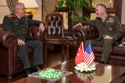 Marine Corps Gen. Joe Dunford, chairman of the Joint Chiefs of Staff, meets with his counterpart Turkish Army Gen. Yasar Güler, chief of the Turkish General Staff, at the Turkish General Staff building in Ankara, Turkey, Jan. 8, 2019.